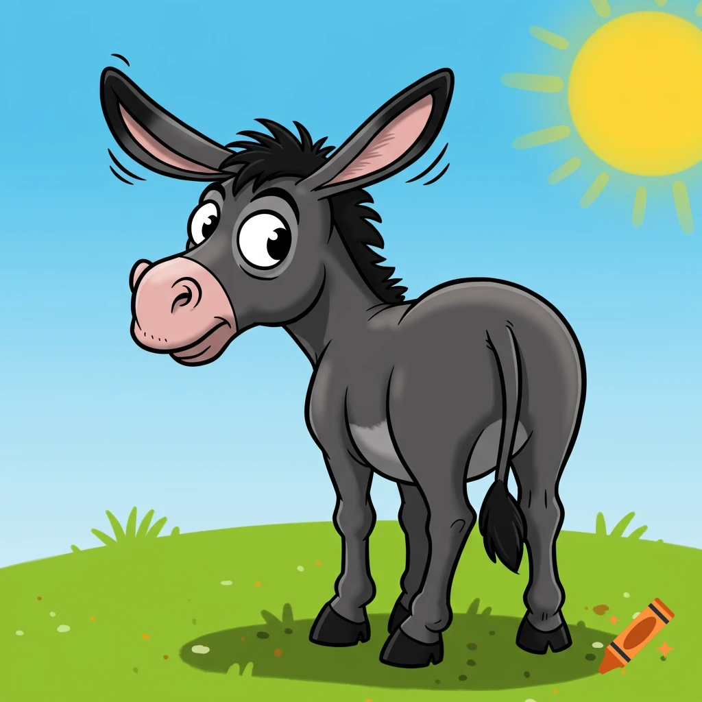 A cartoon donkey stands in a field, looking backward over its shoulder towards the viewer. The sun is visible in the sky.