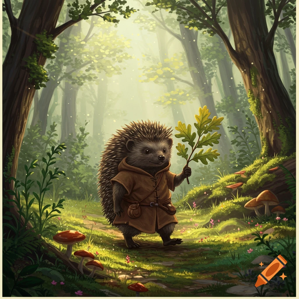 A hedgehog druid walks through a sunlit forest path, holding a leafy branch.