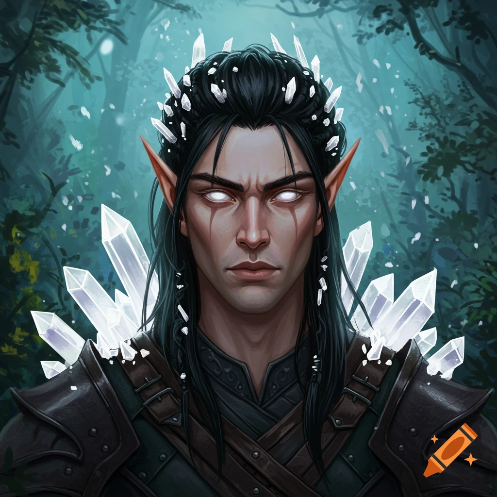 Portrait of a male elf with black hair adorned with crystals, glowing white eyes, and tribal markings, against a forest background.
