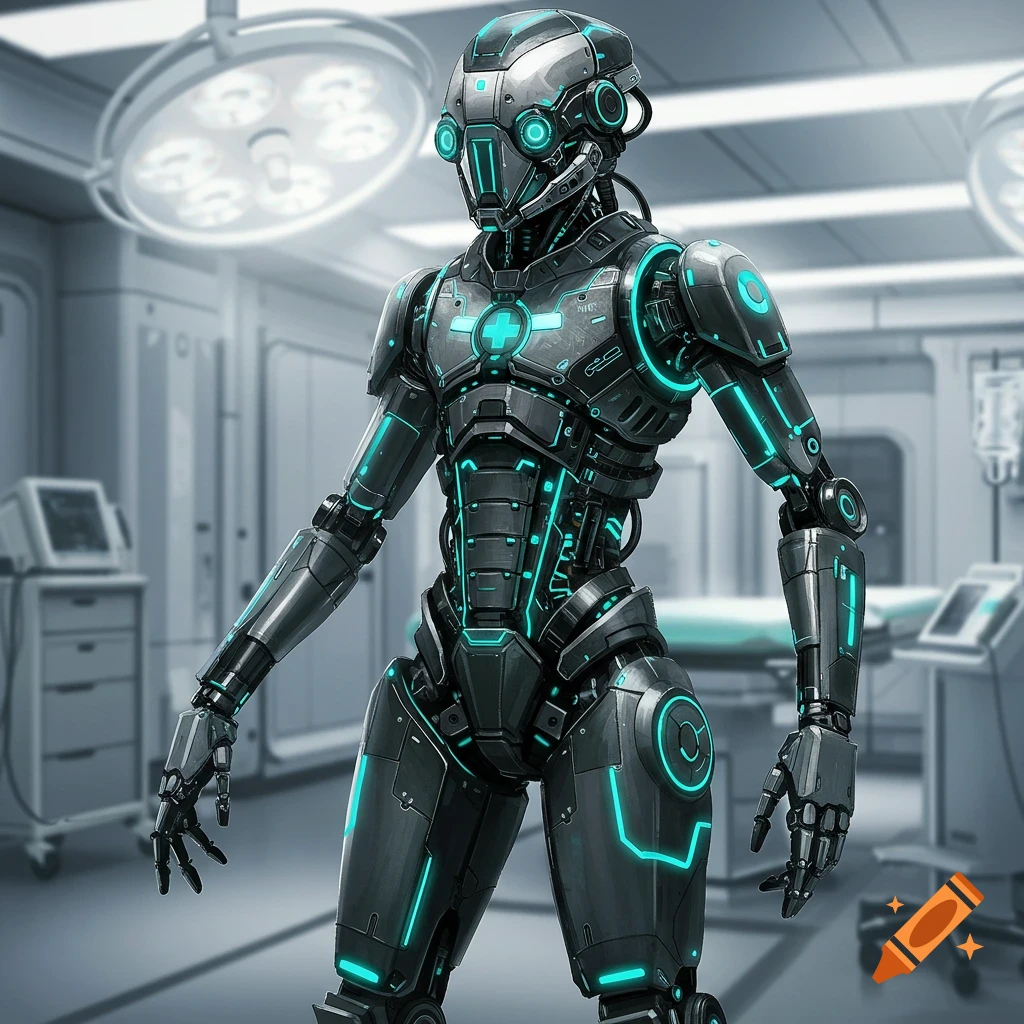 A sleek futuristic robot with glowing blue accents stands in a bright medical operating room.