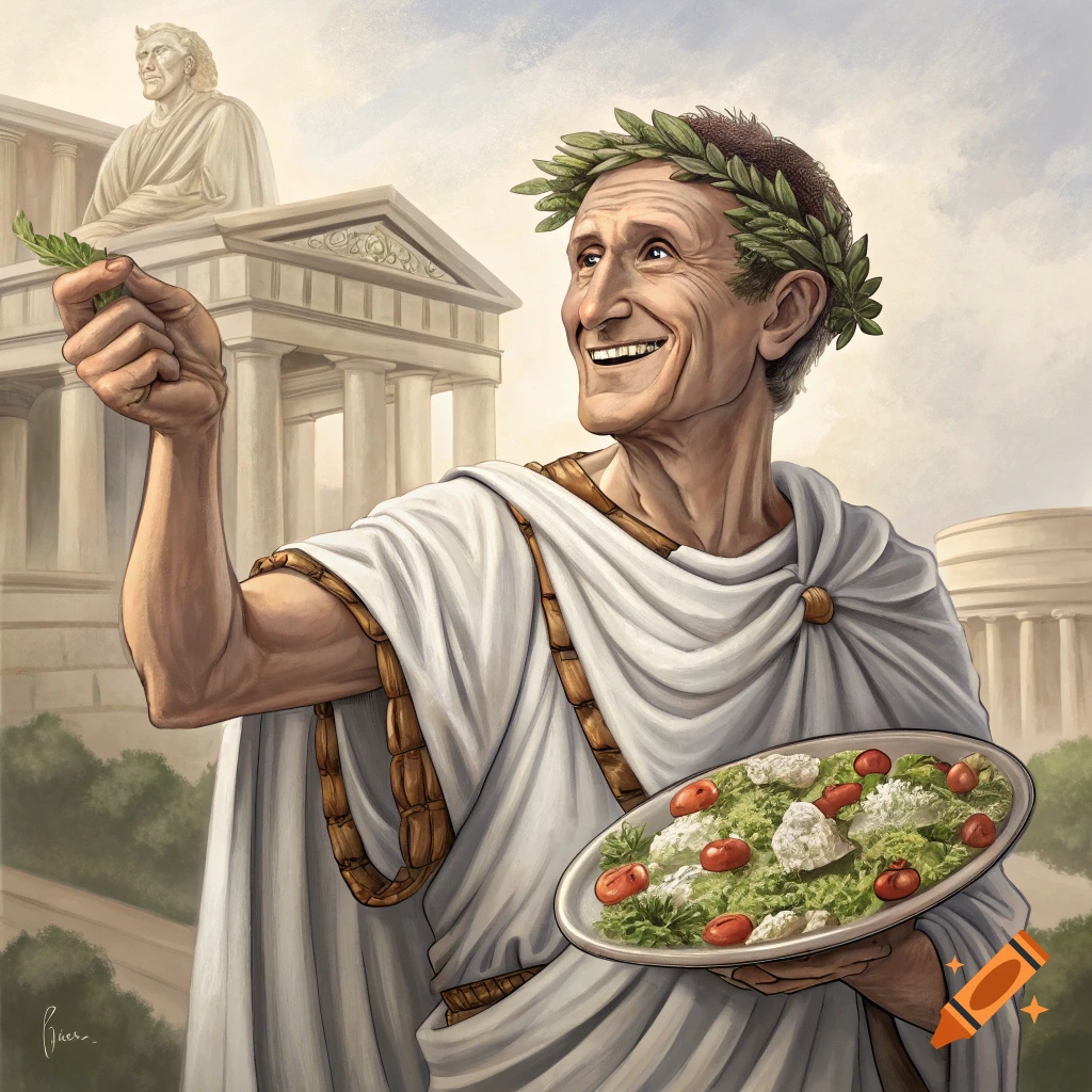 Illustration of Julius Caesar in a toga, holding a Caesar salad and a lettuce leaf, in front of a temple.