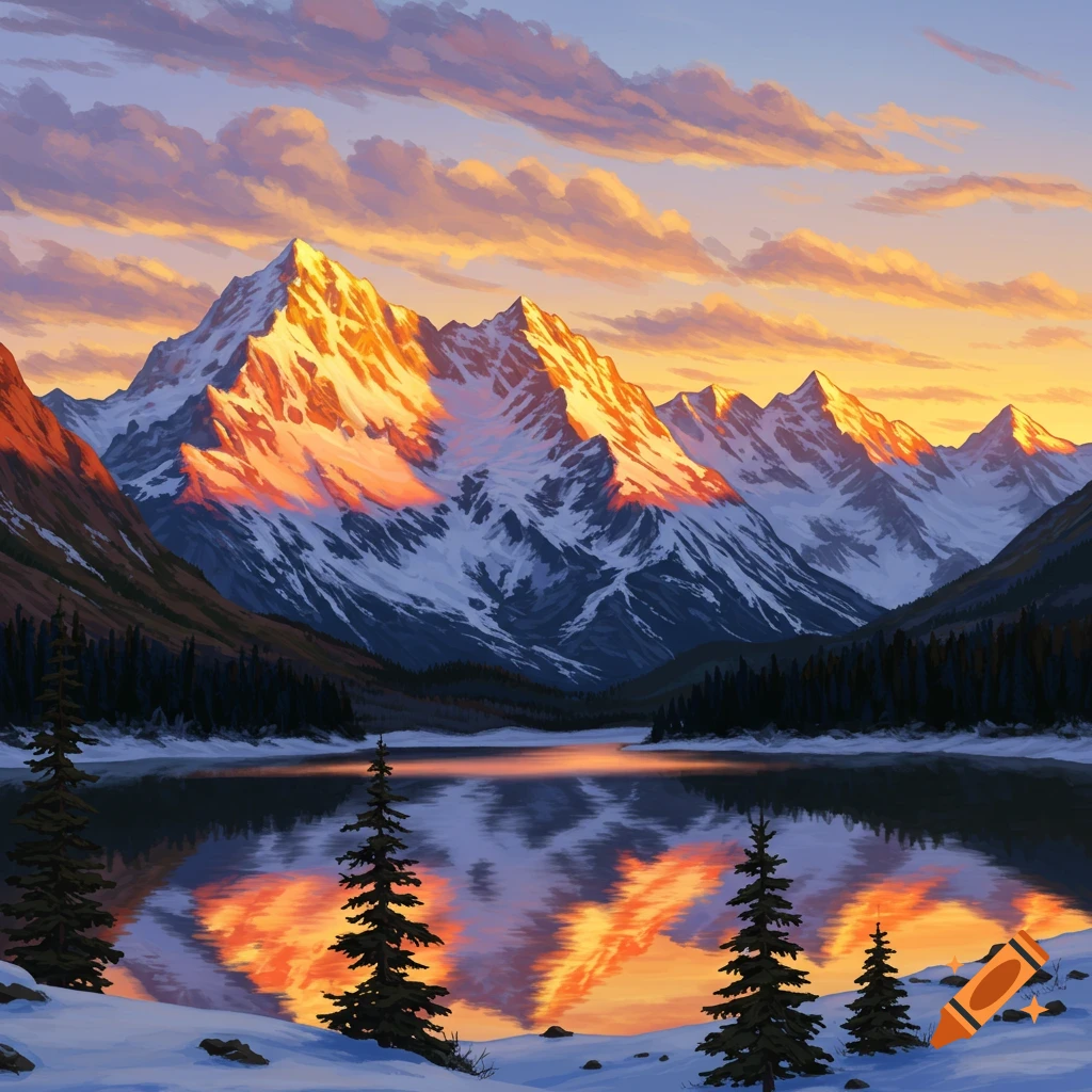 Snow-capped mountains reflected in a lake at sunrise.