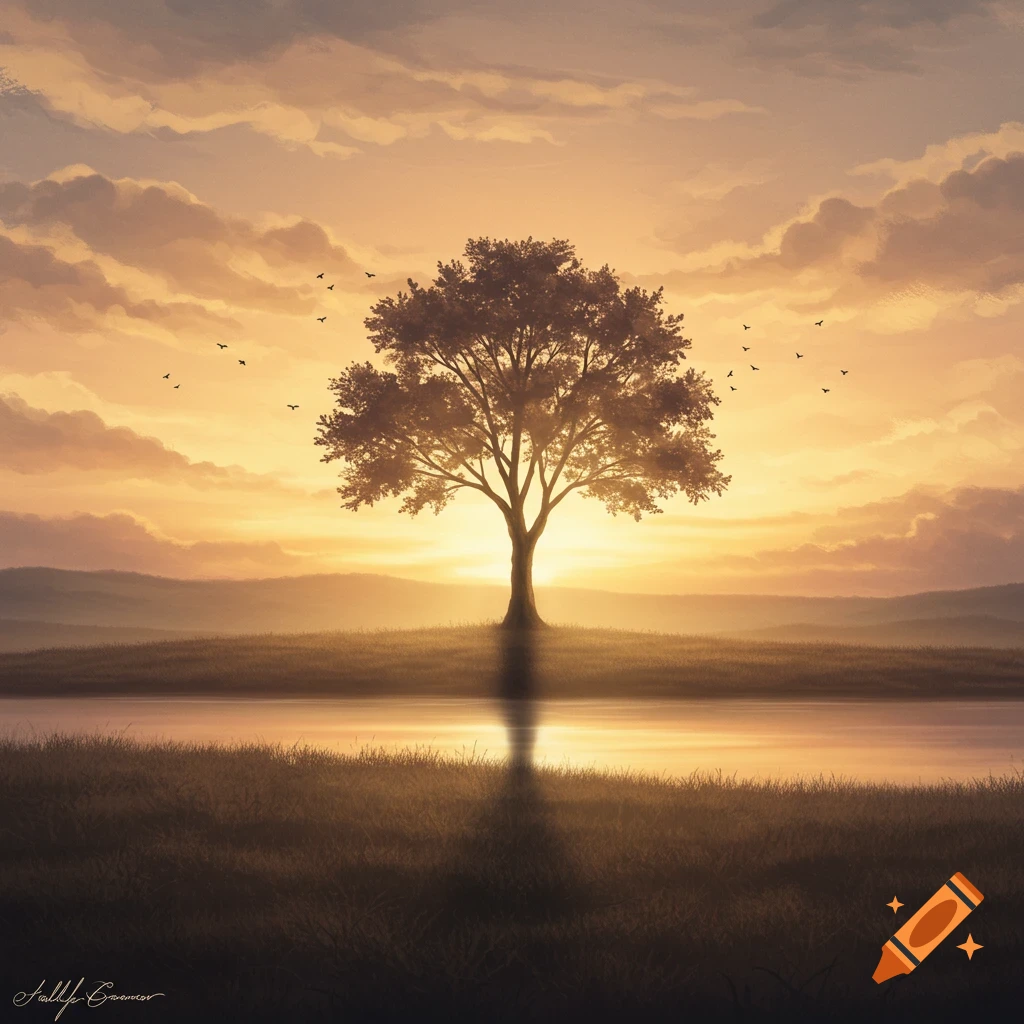 A lone tree on a grassy hill overlooking a lake at sunset with birds flying in the sky.