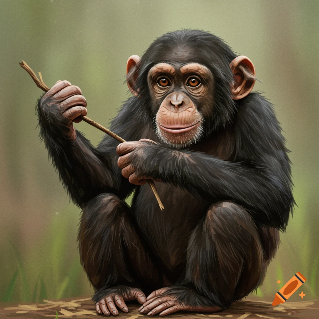 A baby chimpanzee is sitting and holding a stick.