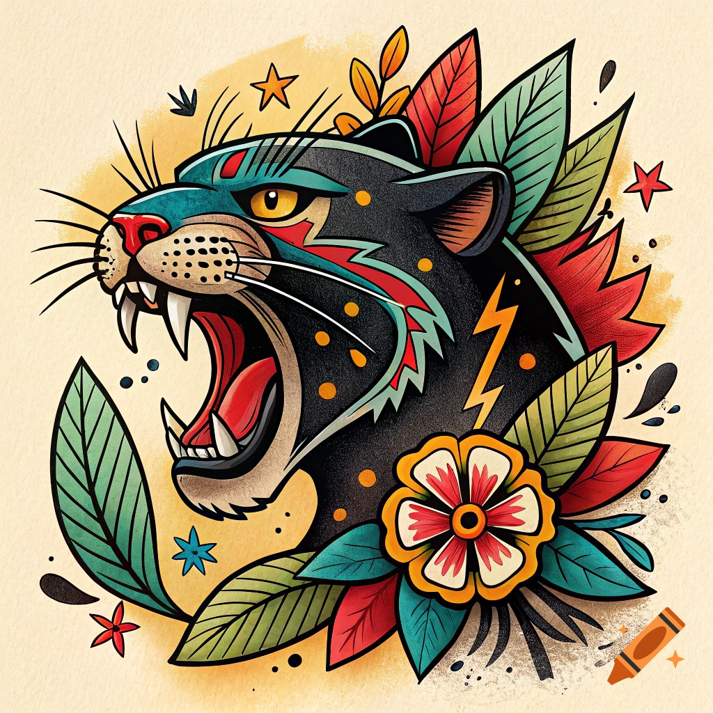A stylized illustration of a black panther head roaring, surrounded by leaves and stars, in a colorful tattoo flash style.