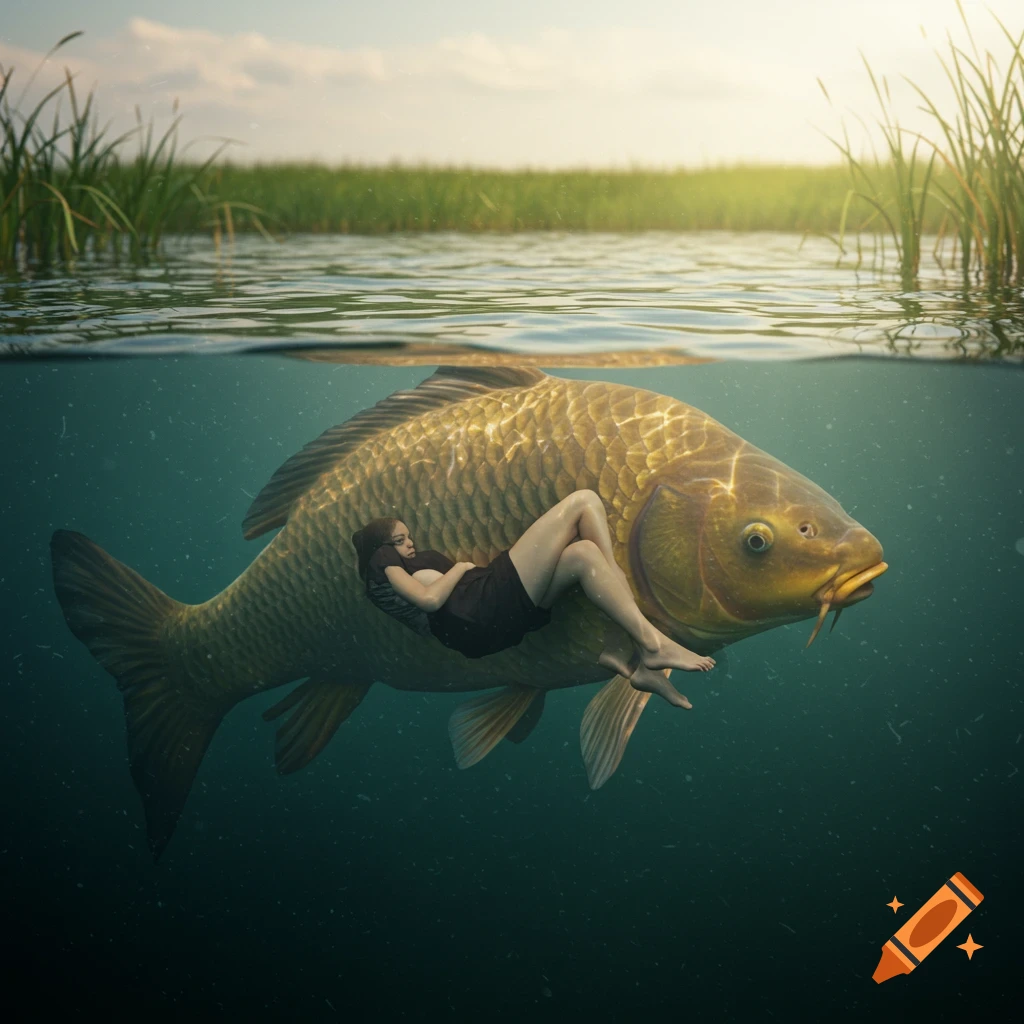 Realistic photo of a woman lying on a large golden fish underwater, with the water surface and sky above.