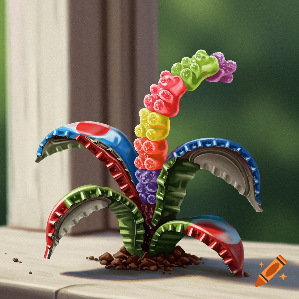 A small plant with leaves made of bottle caps and a stem made of gummy bears.
