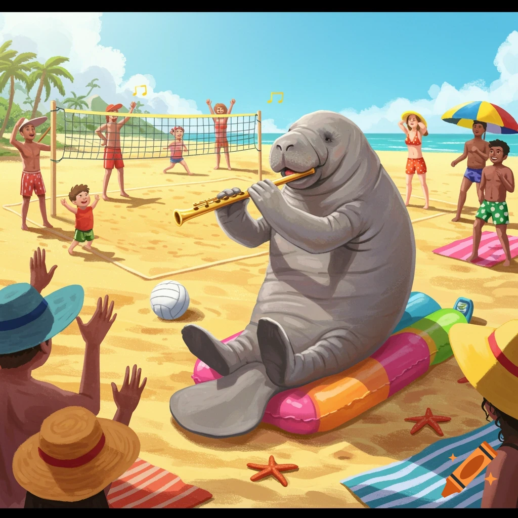 Illustration of a manatee playing a flute on a raft at a beach volleyball game with people.