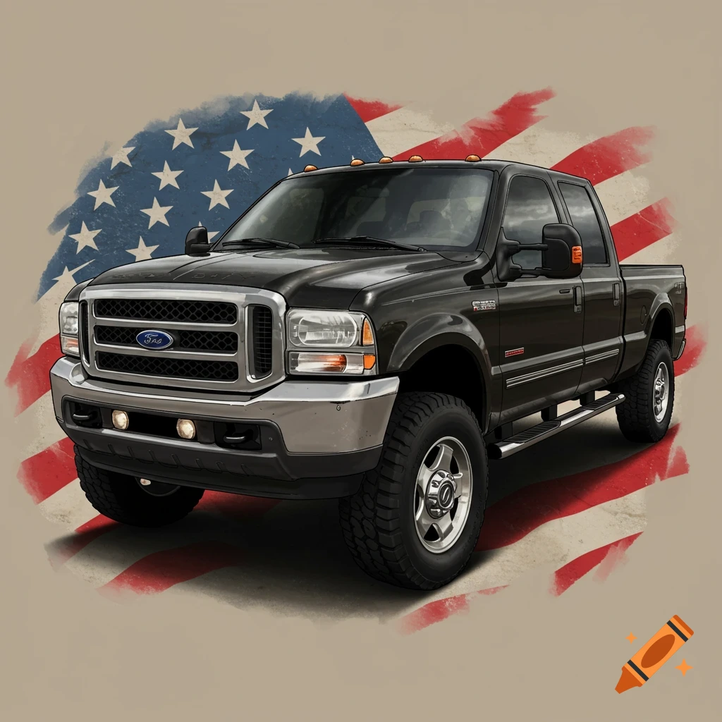 A black Ford Super Duty truck in front of a brushed American flag background