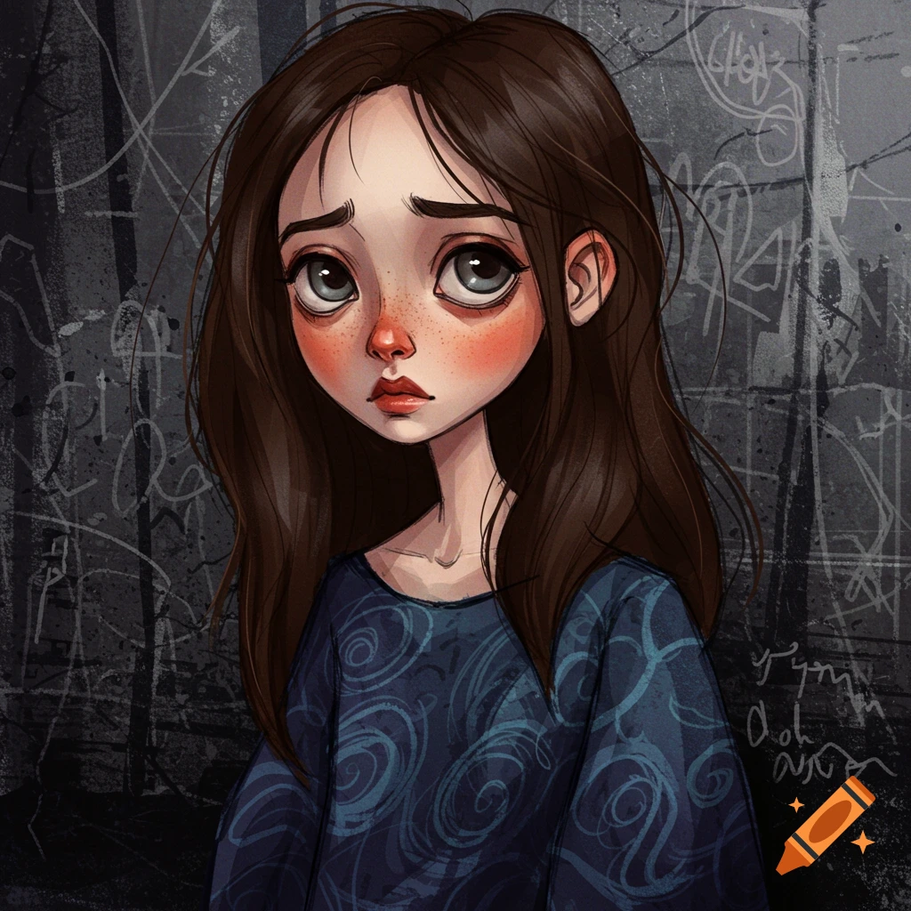 Illustration of a sad-looking girl with large eyes and freckles in a rough, scribbly style.