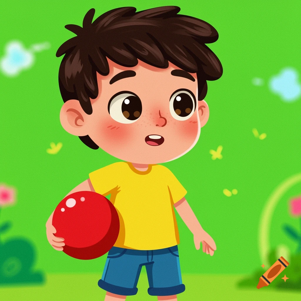 A cartoon illustration of a young boy in a yellow shirt and blue shorts holding a red ball on a green background.
