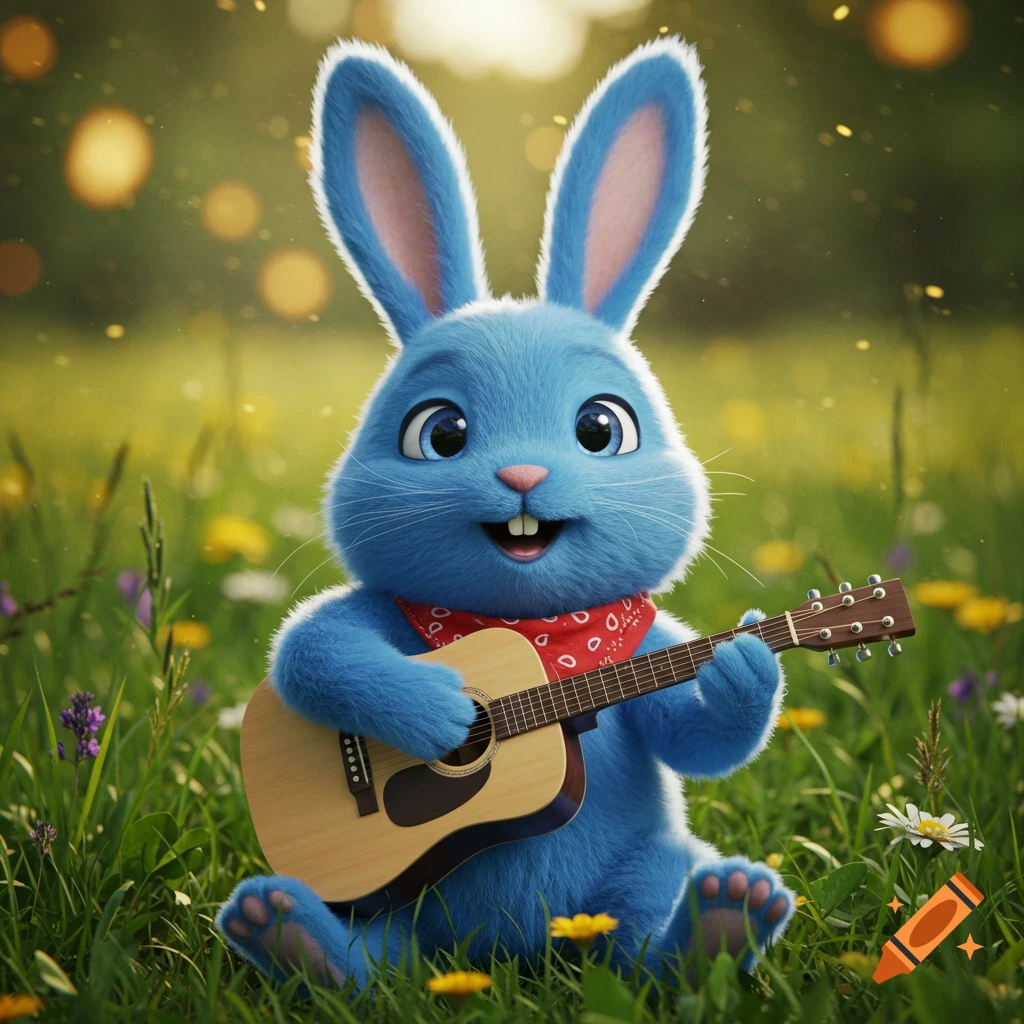 Cute blue fluffy cartoon bunny plays guitar in a sunny field.