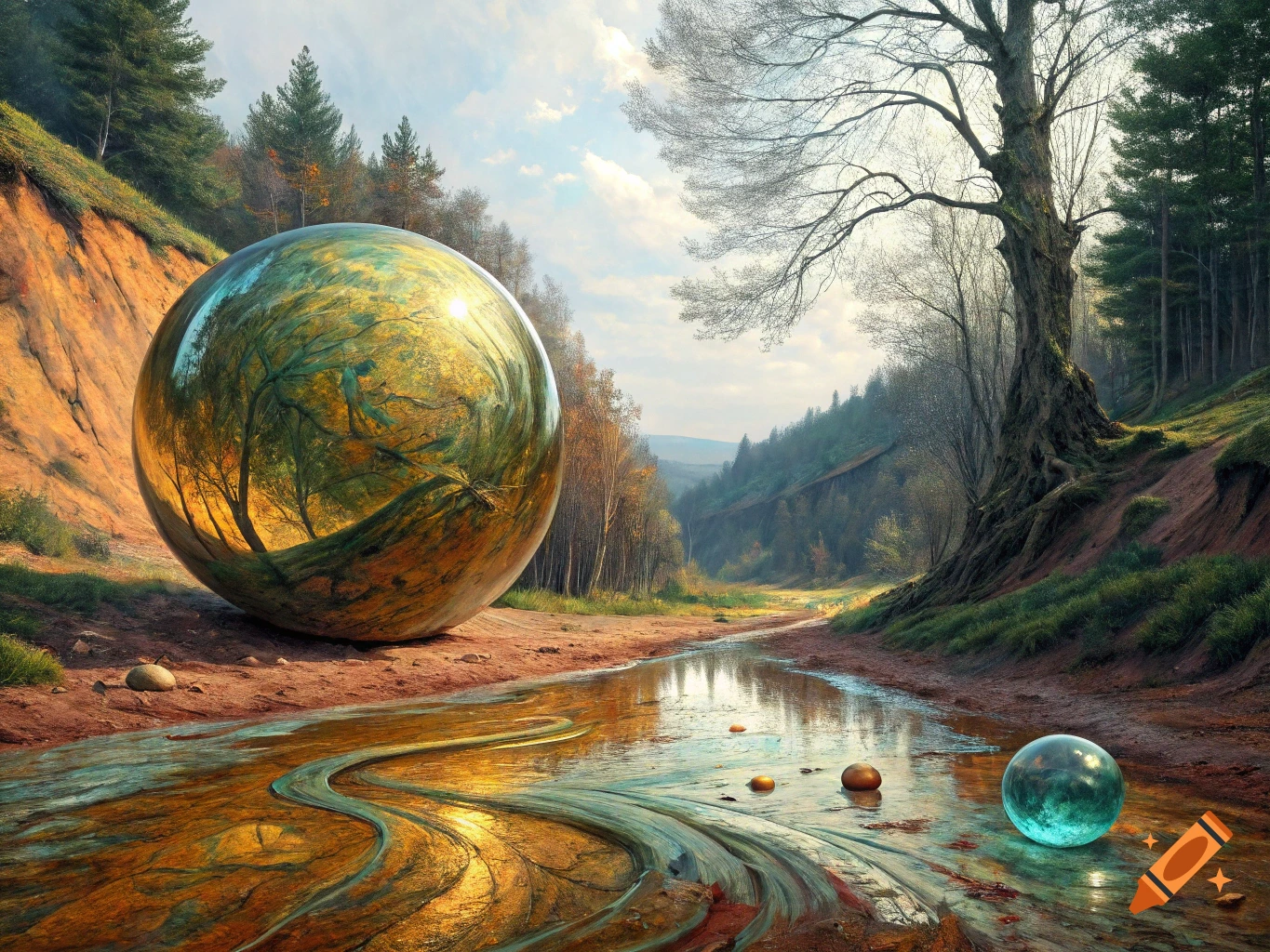 A large iridescent glass sphere rests near a stream in a valley landscape, reflecting the surrounding forest and sky.