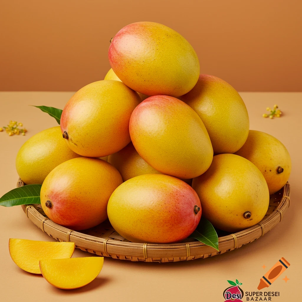 A pile of ripe mangoes in a woven basket, with two slices in the foreground.