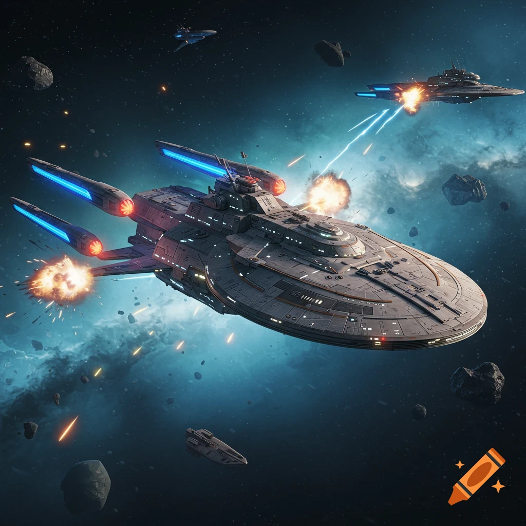 Futuristic spaceships battling in space with explosions and debris