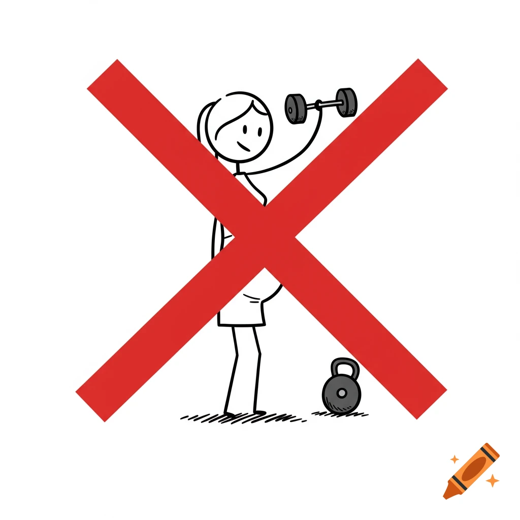 A stick figure pregnant woman lifts a dumbbell with a red X over the image, symbolizing restriction. A kettlebell is nearby.