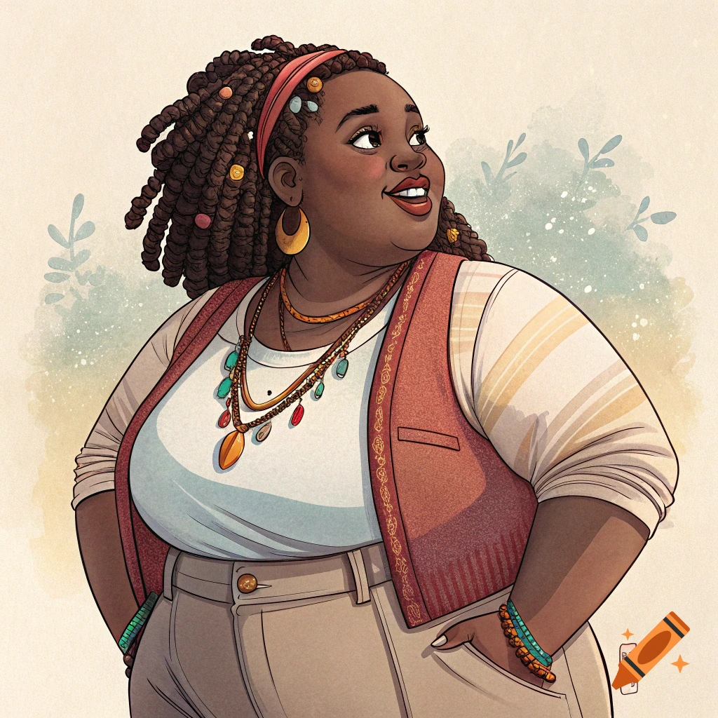 Illustration of a smiling Black woman with braided hair, wearing a vest and beads.