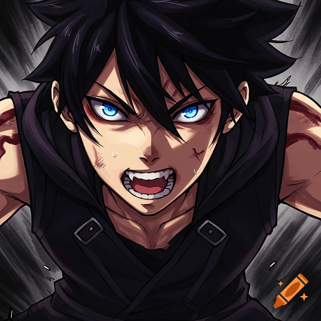 Close-up of an angry anime boy with glowing blue eyes, bared teeth, and scratches on his arms, wearing a black hoodie.
