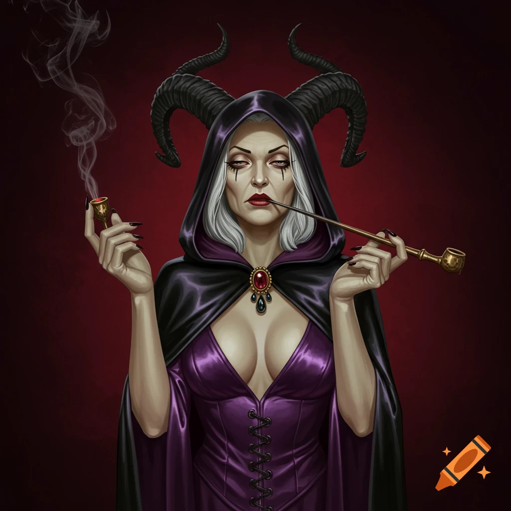 A horned witch in a hooded cape and purple dress is smoking a pipe.