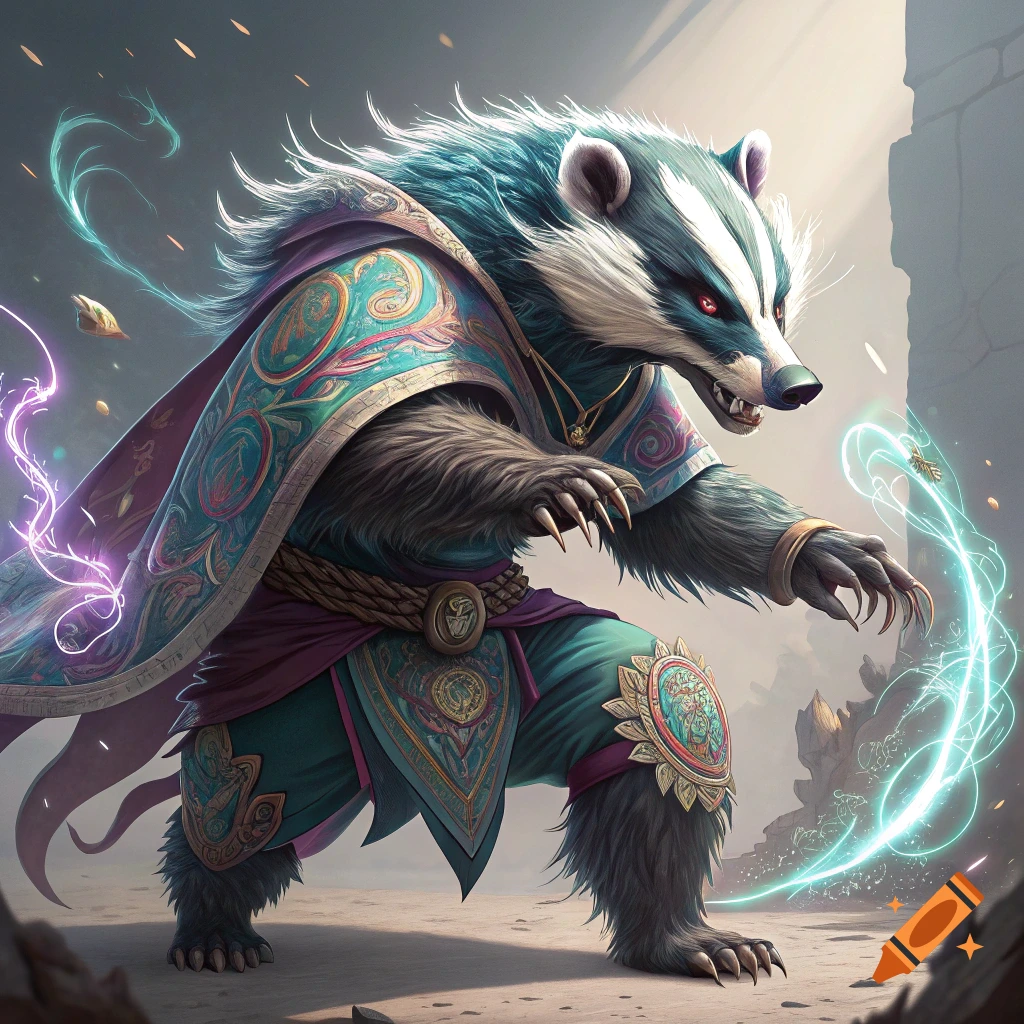 Stylized fantasy illustration of an anthropomorphic badger in ornate armor casting magic