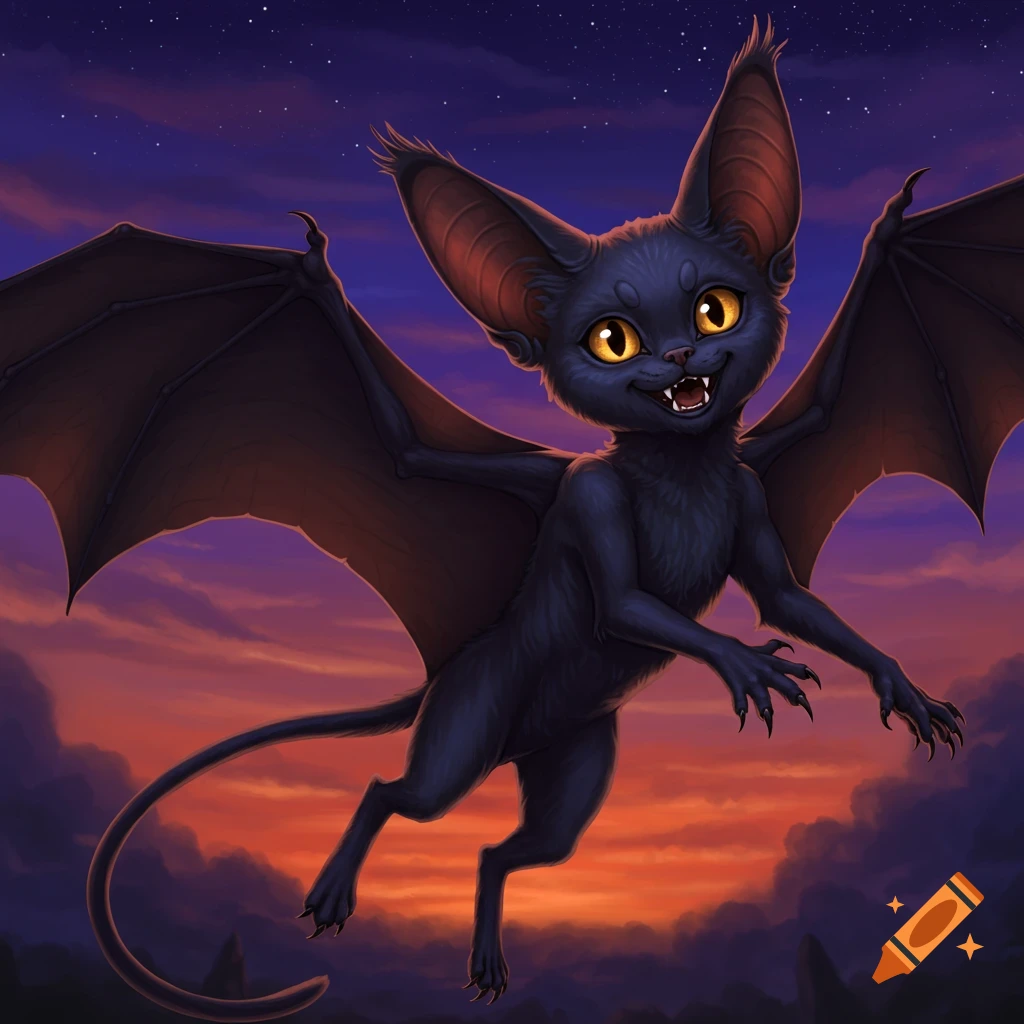A cute bat-cat creature flying at sunset