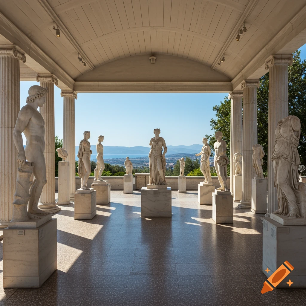Classical marble statues displayed under a colonnade overlooking a scenic view.