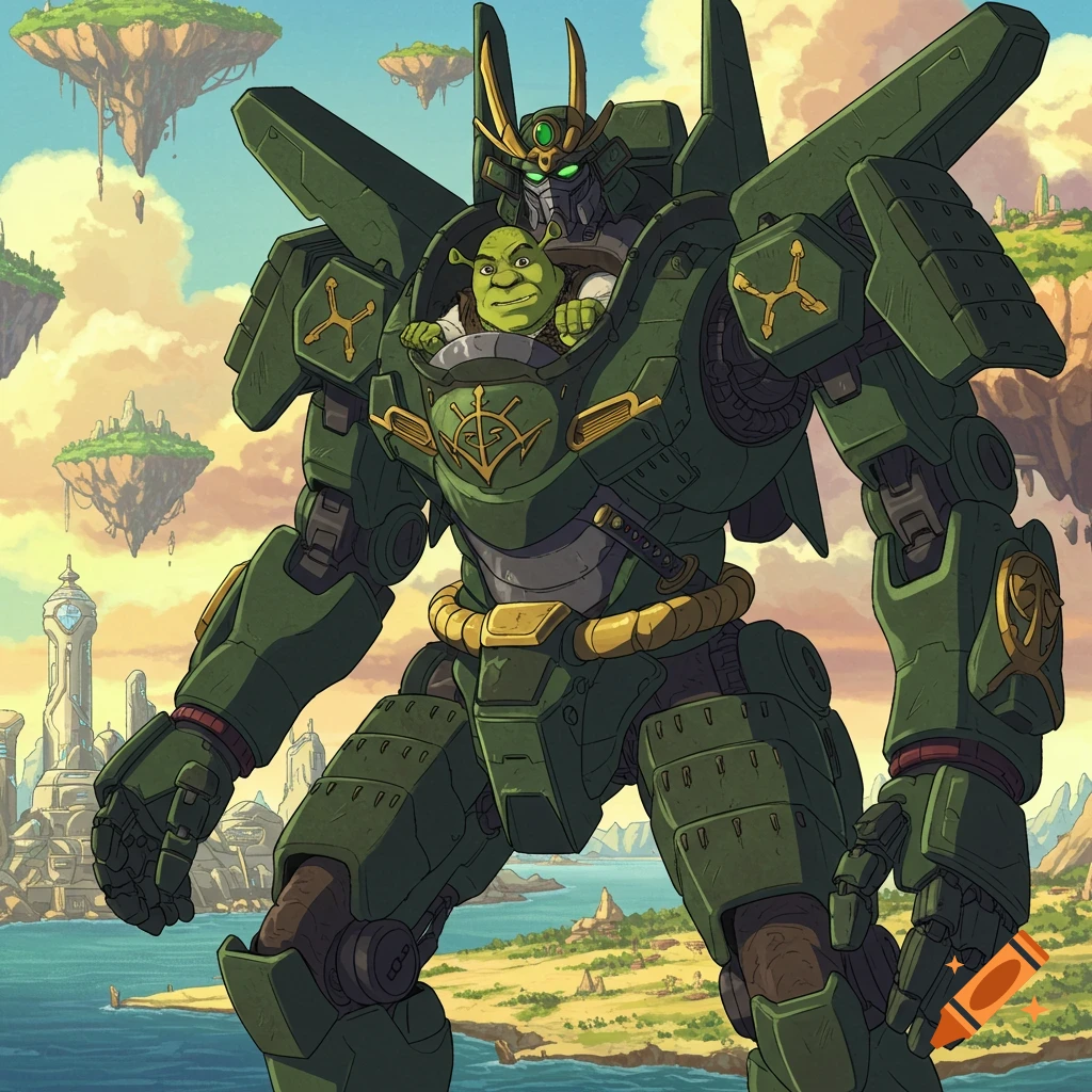 In anime style, Shrek is piloting a large green mech in a fantasy landscape with floating islands.