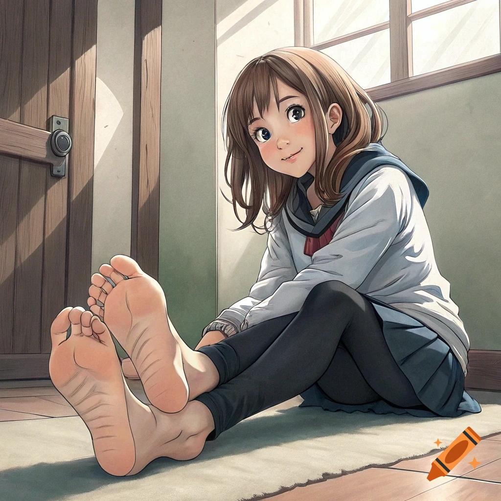 Anime girl in school uniform sitting on floor, stretching legs forward, showing soles.