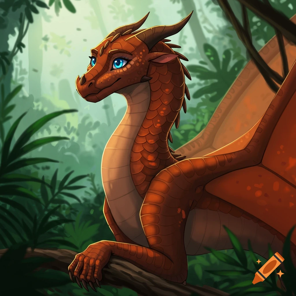 An orange cartoon dragon with blue eyes in a forest.