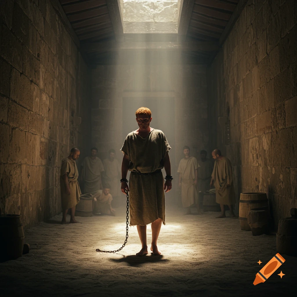 Red-haired man in rags and chains standing in a dark, sunlit stone room with other figures.