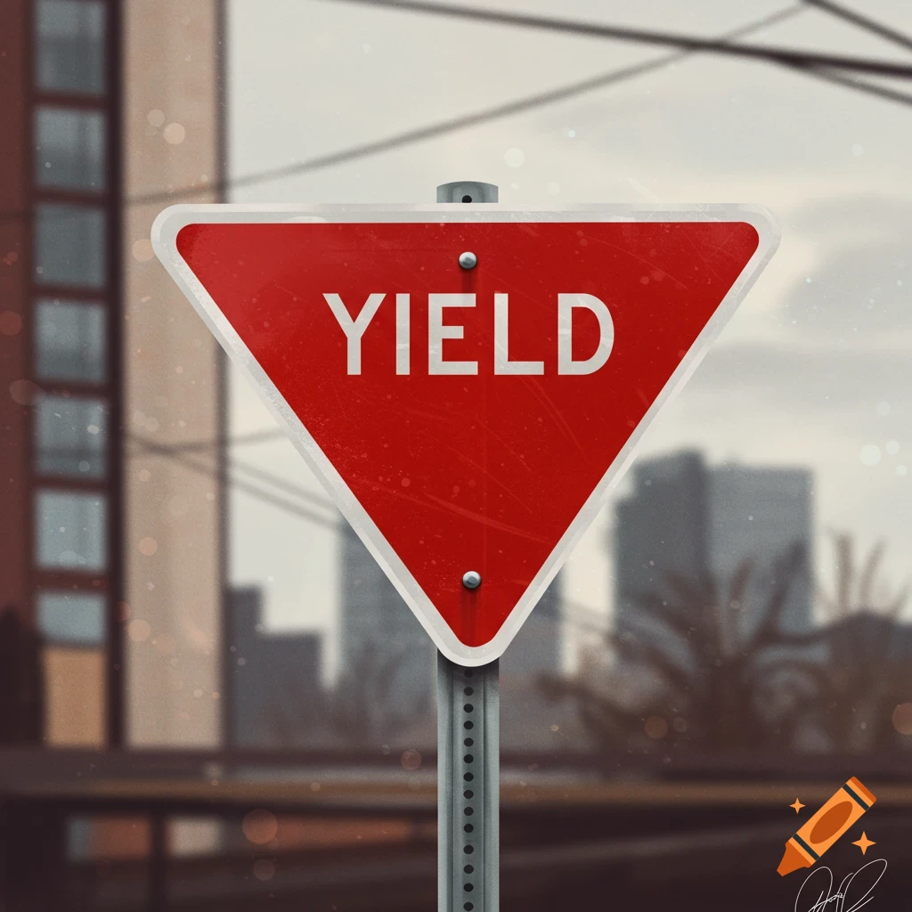 A yield sign against a blurred city background.
