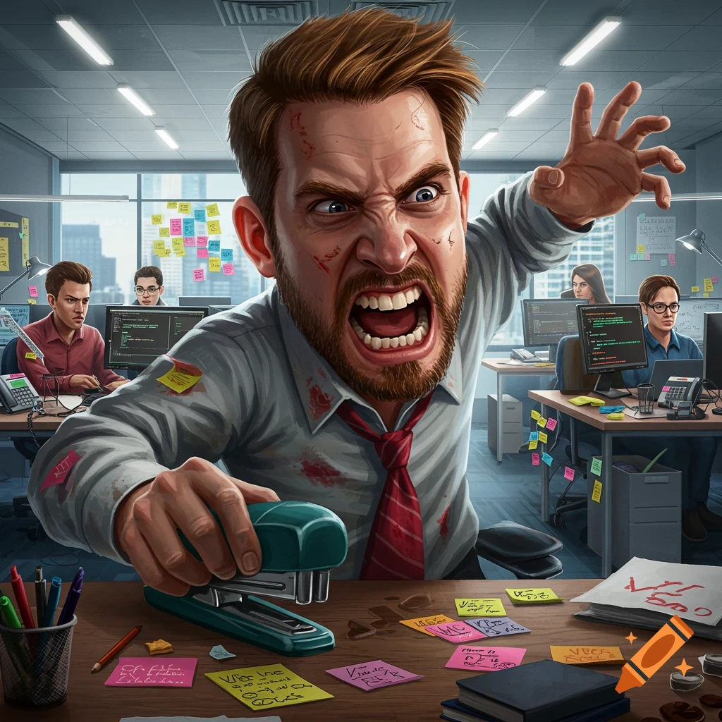 Angry man with bloodstains on shirt grabs stapler in chaotic office.