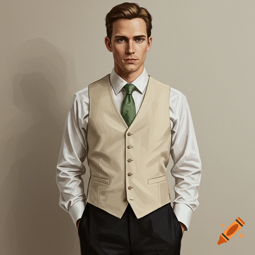 A man is shown wearing a cream vest, white shirt, sage green tie, and black pants.