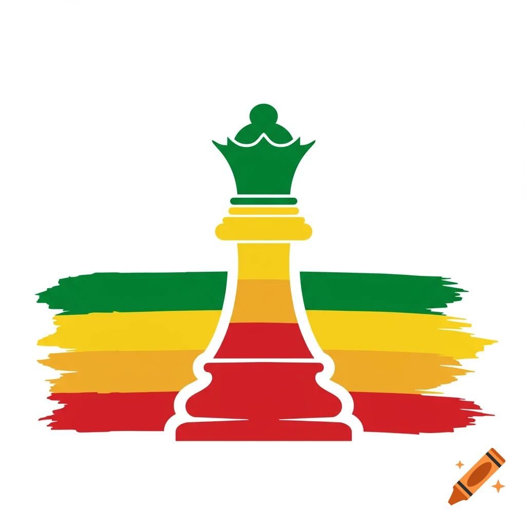 Green, yellow, and red logo of a chess queen over striped brushstrokes.