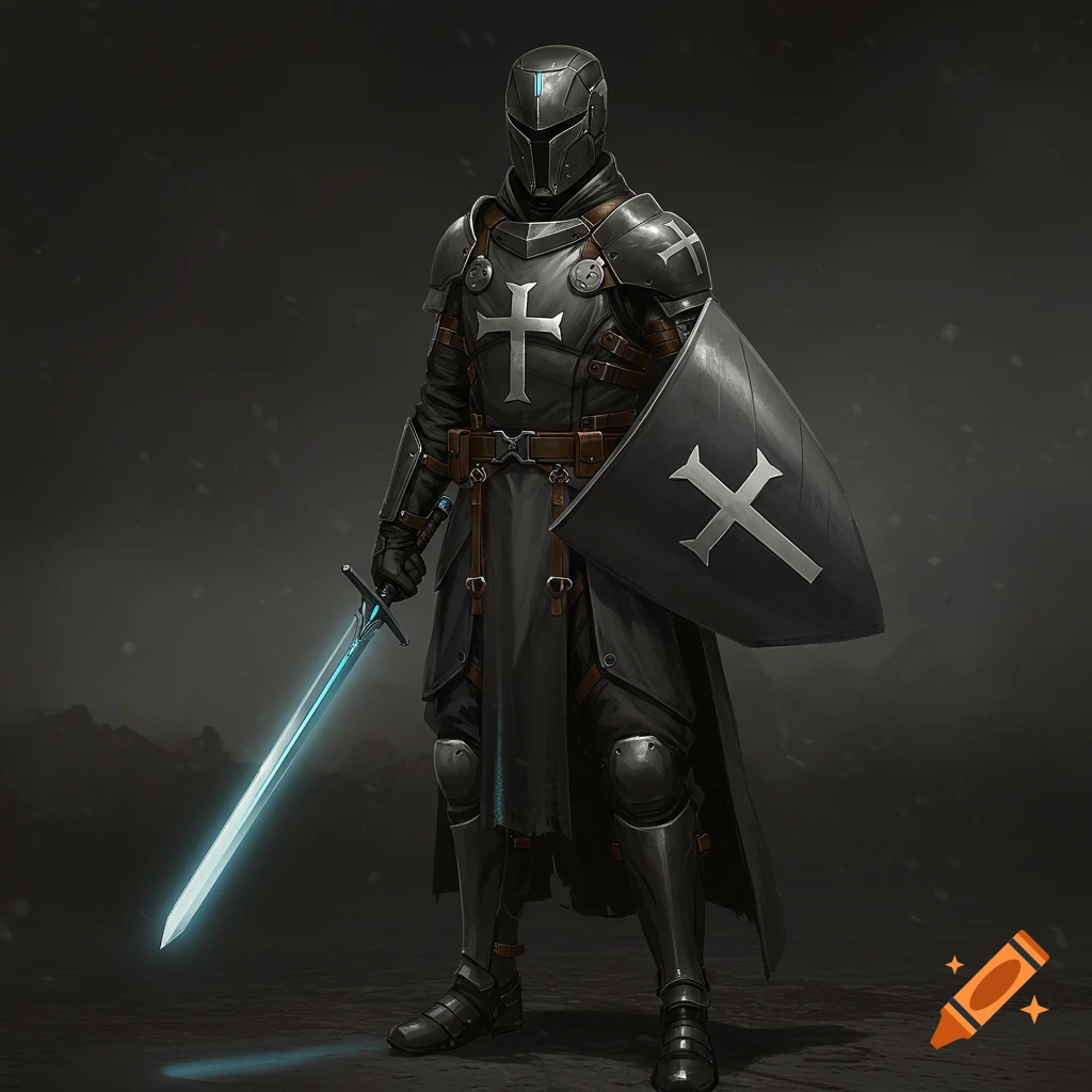 A knight in modern armor holding a glowing sword and a shield with a cross.