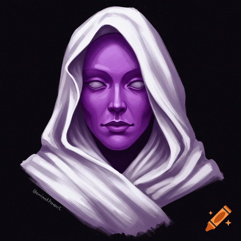 A purple face wearing a white hood.