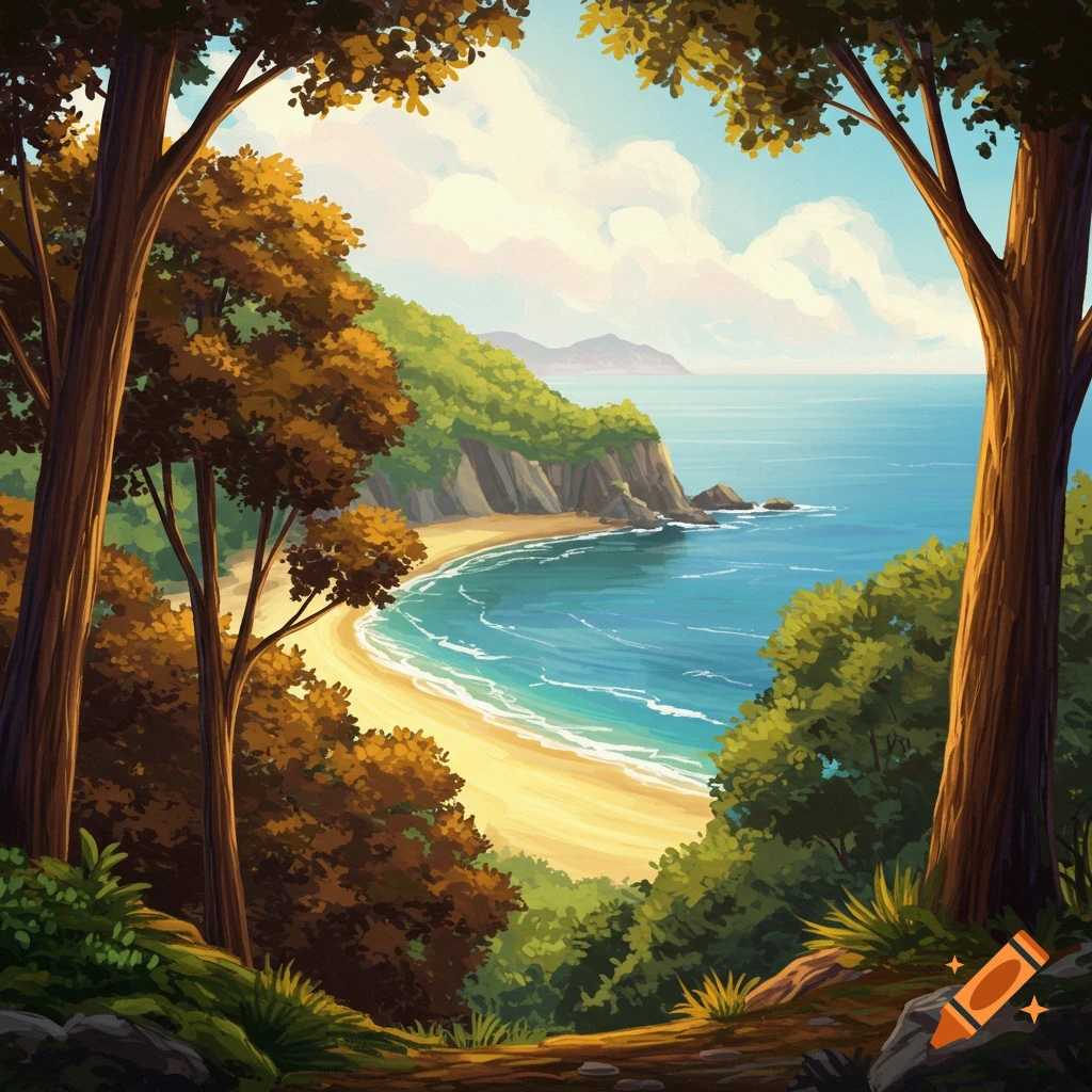 A sandy beach and blue ocean framed by trees and forest.