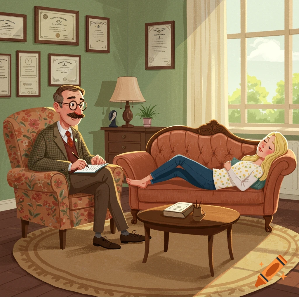 Cartoon illustration of a male psychologist taking notes next to a female patient lying on a therapy couch.