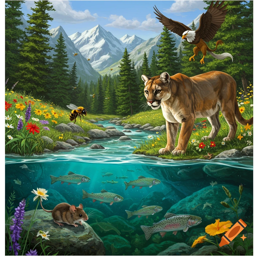 Mountain ecosystem with a cougar, eagle, bee, mouse, and fish in a river split view.
