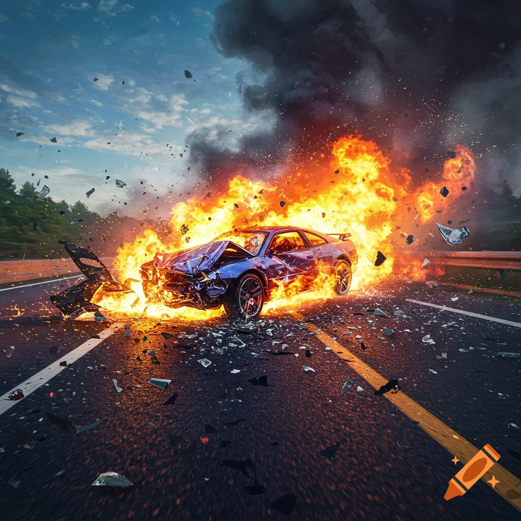 A burning, wrecked blue car on a road surrounded by fire, smoke, and debris.