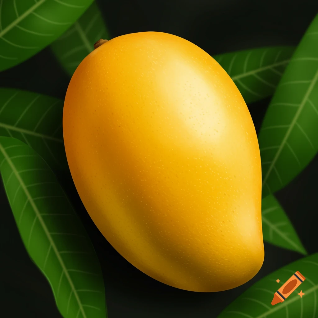 A bright yellow mango surrounded by green leaves on a dark background.