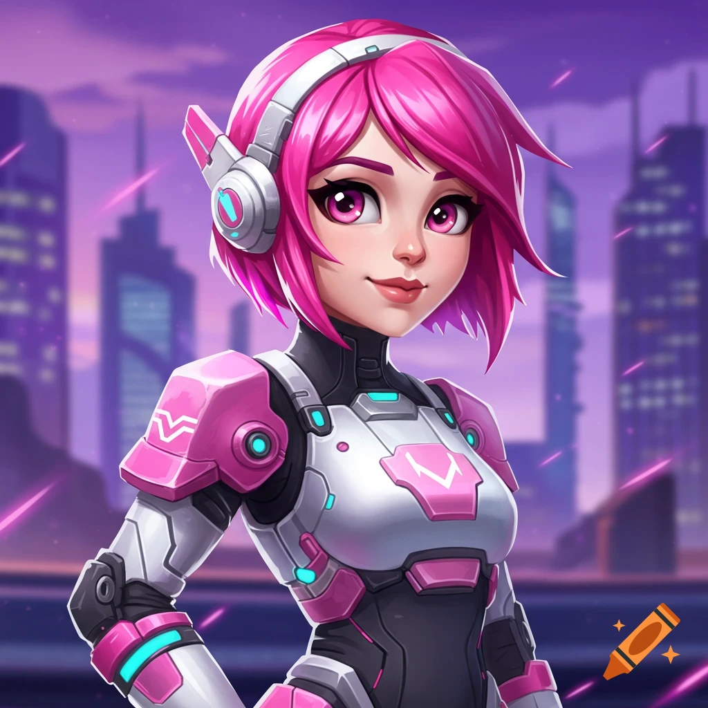 An anime girl with pink hair, headphones, and futuristic pink and white armor stands against a city skyline.