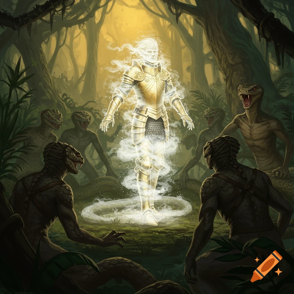 A glowing figure in golden armor stands surrounded by snake-like creatures in a mystical forest.