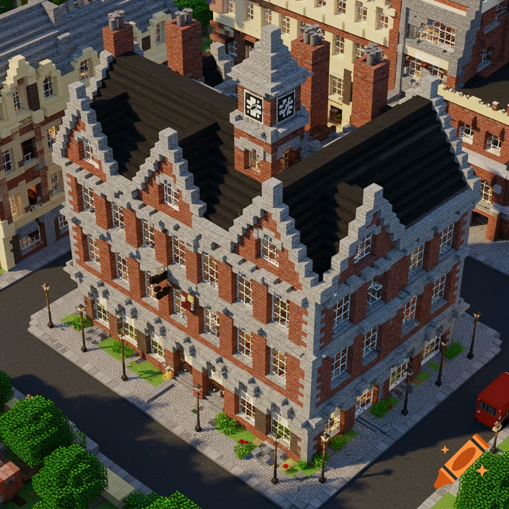 Detailed Minecraft render of a large brick building with gabled roof and clock tower, street view.