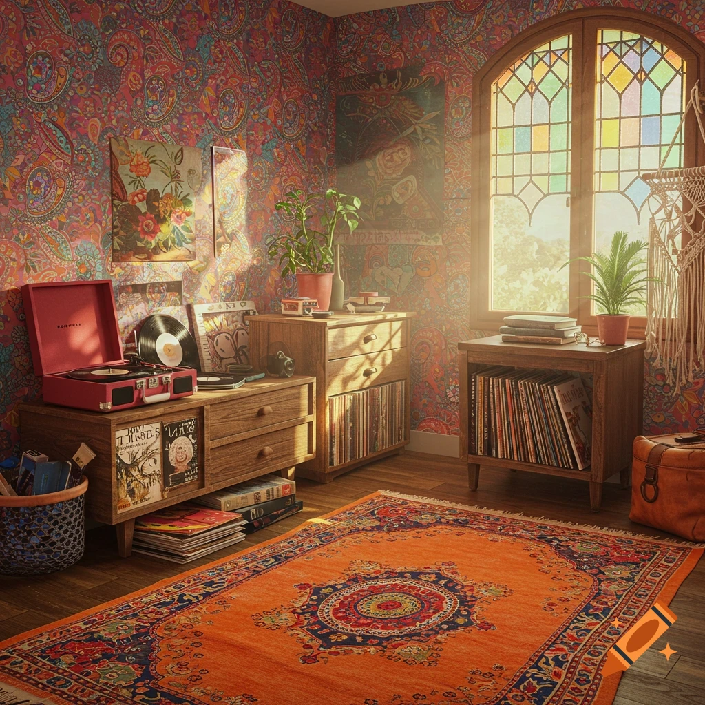 A colorful, cluttered bohemian room with paisley wallpaper, records, plants, and a large patterned rug.