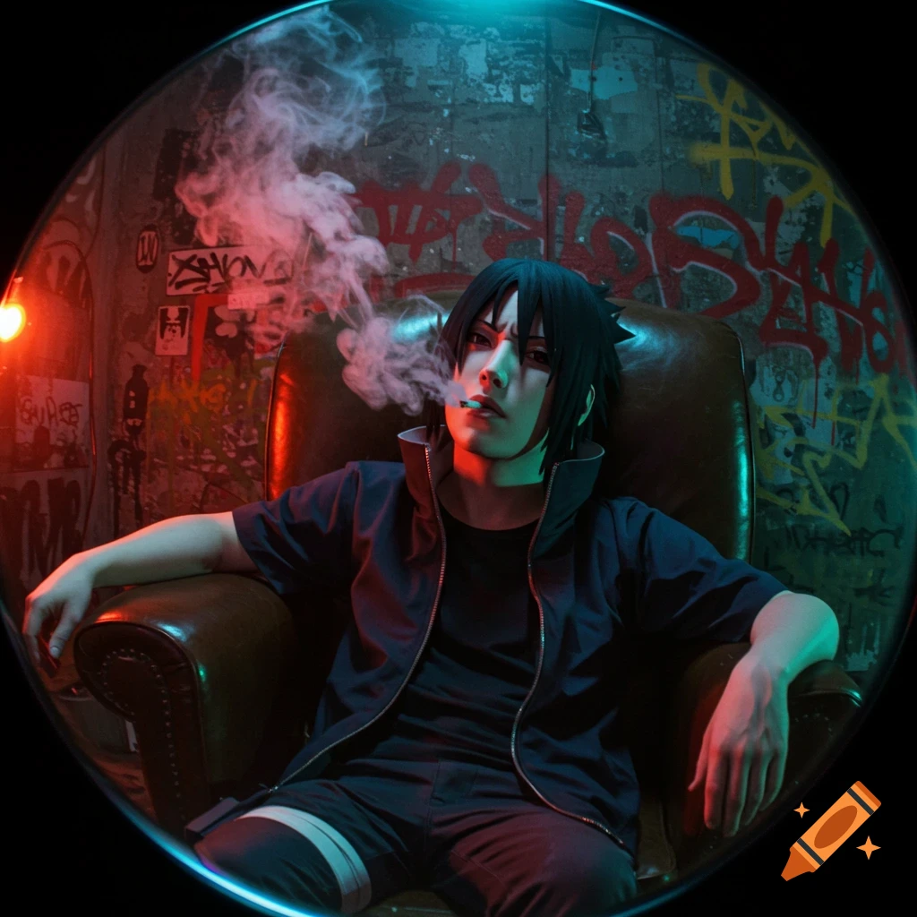 Person dressed as Sasuke from Naruto sits smoking in a chair with graffiti background, fisheye lens effect.