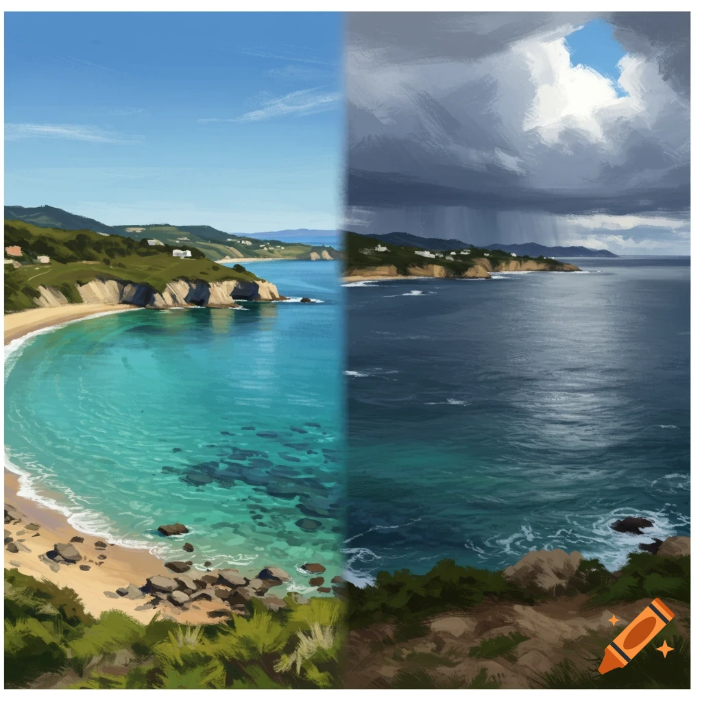 Coastal bay, sunny on the left, stormy and raining on the right.