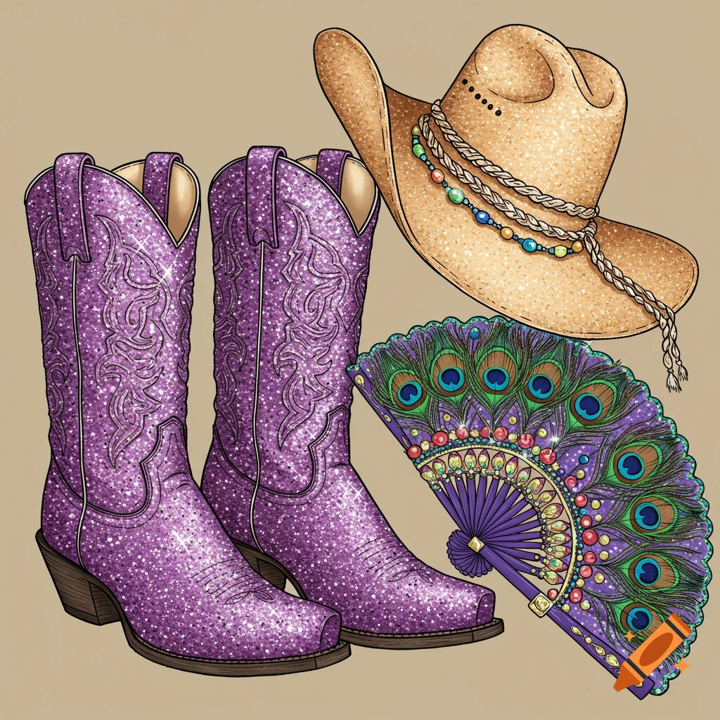 Purple glitter cowboy boots, cowboy hat, and peacock fan