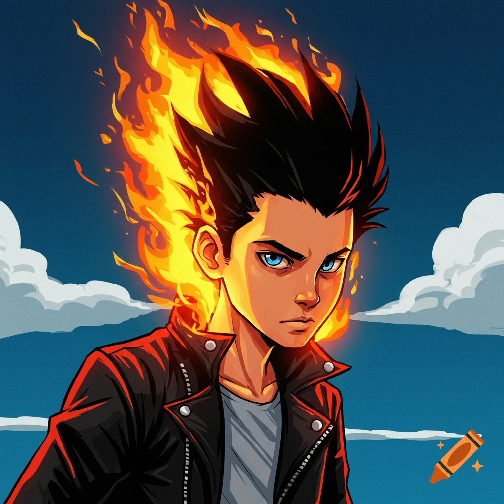 Stylized illustration of a boy with black hair engulfed in flames, wearing a leather jacket.