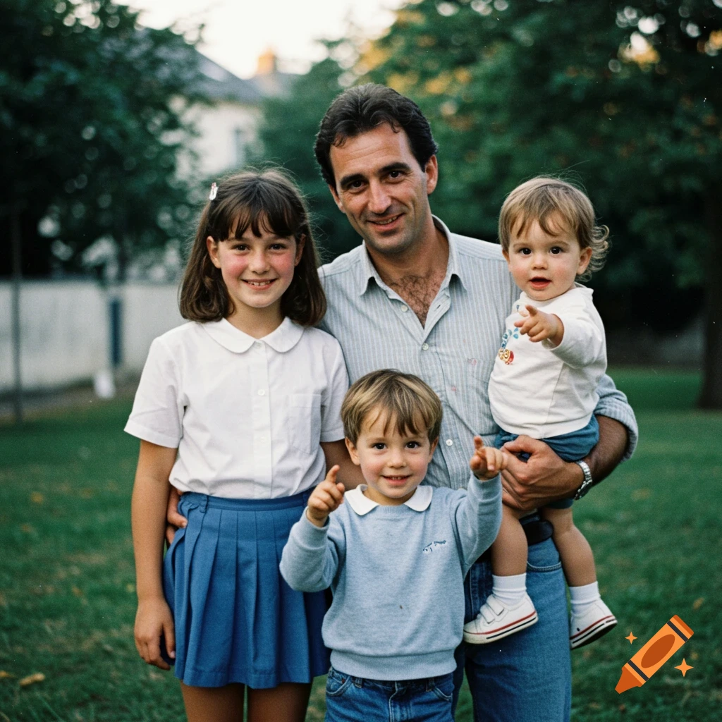 A father poses outdoors with his three children, a girl, a toddler boy, and a younger boy, in a vintage-style photo.